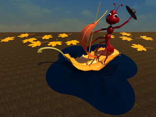 Autumn dream 3D illustration 2. A red ant character sailing in a water puddle, waving his hat goodbye. Collection.