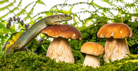 cute lizard in forest still life with mushrooms