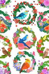 romantic seamless texture with floral wreaths. cute birds and fl