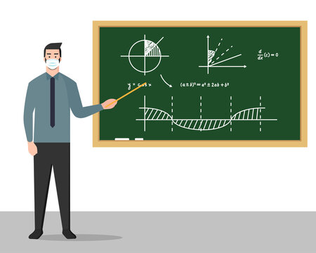 Profesor con mascarilla explicando la clase parado a lado de una pizarra. Educaci&oacute;n en una instituci&oacute;n educativa durante la pandemia del coronavirus. Estilo plano. Ilustraci&oacute;n vectorial
