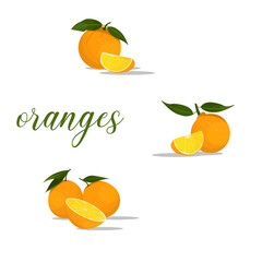 set of oranges in different positions with leaves.