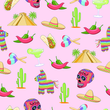 Seamless wallpaper of mexican icons such as a margarita, sugar skull, sombrero, cactus, chills peppers and a mayan temple