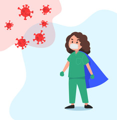 Vector illustration of a doctor fighting corona virus. covid-19 pandemic virus fight concept. cure for corona virus.