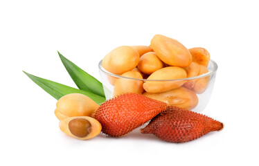 salak fruit in the glass bowl with green leaf isolated on white background, tropical fruit