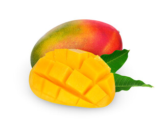 ripe mango with leaf isolated on white background