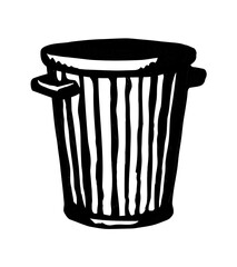 Iron trash can isolated on white. Black ink hand drawn sign
