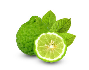 bergamot fruit or kaffir with green leaf isolated on white background - obrazy, fototapety, plakaty