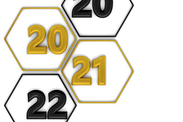 3d rendering of christmas and new Year concept. Holiday illustration of golden metallic numbers 2021 with black and golden hexagons on white background. Festive poster or greeting banner design.