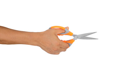 hand holding scissors isolated on white background