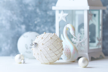 Christmas decoration. Bright wooden background. Close up.	