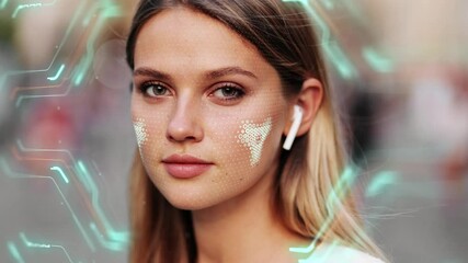 Face ID. Future 3D Cyberpunk Technology Concept. Face of Young Caucasian Woman for Face Detection. Eye Biometrical Iris Scan Reading for Person Identification. Augmented Reality. - Powered by Adobe