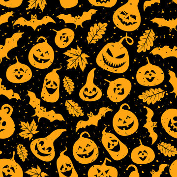 Abstract seamless halloween pattern Creative vector background with bat, leaf pumpkin. Funny pattern for textile and fabric. Colorful bright surface print picture.