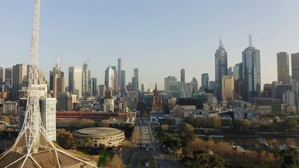 Aerial morning view Melbourne CBD skyline during Covid lockdown Arts Centre to Flinders Street Victoria Australia