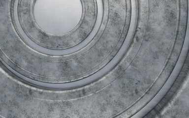 3D rendering of round metal flat rings, on a steel background, front view. round flat object, texture, background. gym concept
