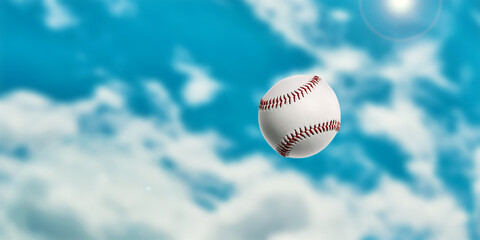 Baseball ball in the air. Sport games. Blurred sky background