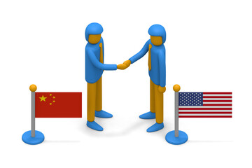 The relationship between the United States and China. Two businessmen shaking hands. American and Chinese flags.