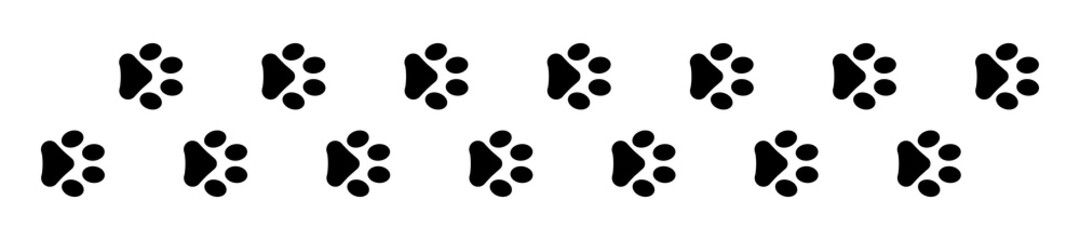 Paw foot print trail vector illustration. Silhouette of animal diagonal paths. Dog or cat paw vector flat icons.