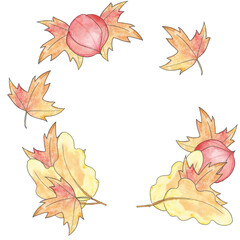 Round frame made of maple and oak autumn leaves. Watercolor and liner