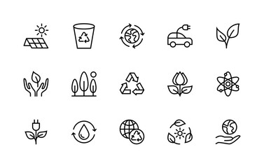 Eco friendly and alternative energy sources vector linear icons set. Linear ecology icons. Collection of alternative energy icons. Isolated contour illustrations for websites on white background.