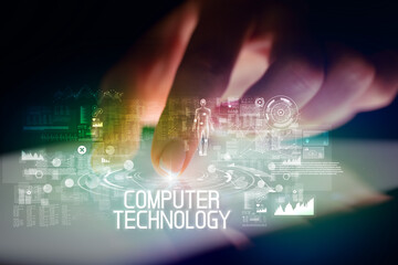 Finger touching tablet with web technology icons and COMPUTER TECHNOLOGY inscription