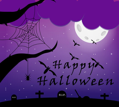 Postcard for Holiday halloween which depicts a graveyard and full moon with dramatic clouds and flying bats. A spider and cobwebs hanging on the branches of a tree.  template (banner) for website