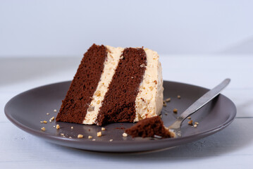 Plate with slice of tasty homemade chocolate cake on a white table