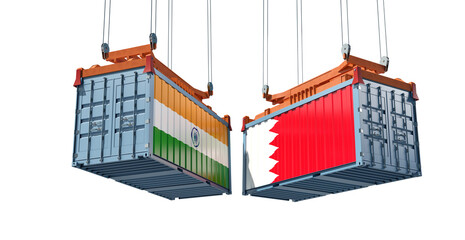 Freight containers with Bahrain and India flag. 3D Rendering 