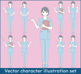 手描き風　制服を着た女性のイラスト表情セット
