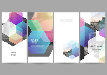 Fototapeta premium Vector layout of flyer, banner design templates with colorful hexagons, geometric shapes, tech background for website advertising design, vertical flyer design, website decoration backgrounds.