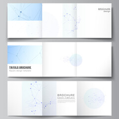 Vector layout of square format covers templates for trifold brochure, flyer, magazine, cover design, book design, brochure cover. Blue medical background with connecting lines and dots, plexus.