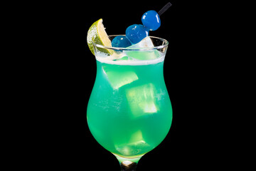 cocktail blue Hawaii in a glass with ice cubes and slice lime