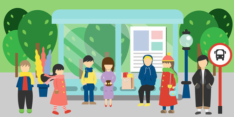 group of people waiting the bus at bus stop vector
