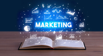 MARKETING inscription coming out from an open book, business concept