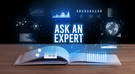 ASK AN EXPERT inscription coming out from an open book, creative business concept
