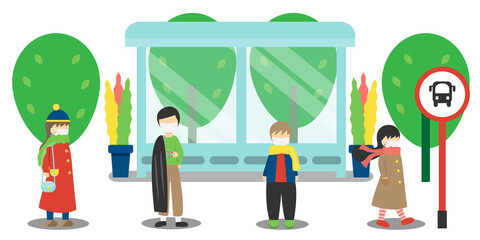 group of people with face mask waiting the bus at bus stop in the morning vector.