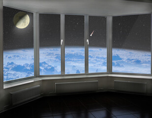 Room window with view to space above Earth's atmosphere Moon comet and cosmos