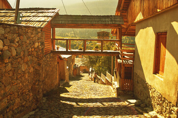 Panoramic view of Ushguli towers near the city of Mestia in Georgia.  Real grain of scanned film
