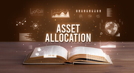 ASSET ALLOCATION inscription coming out from an open book, creative business concept
