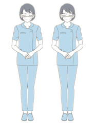 手描き風　制服を着てマスクをつけた女性のイラスト表情セット