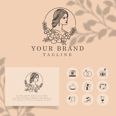 BEAUTIFUL ELEGANT WOMAN LINE ART LOGO EDITABLE TEMPLATE
