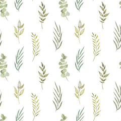 Green leaves seamless watercolor pattern. Background texture. fathion trend print. hand drawn