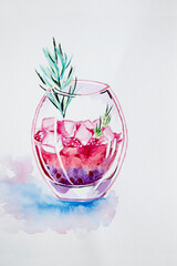 Pink cocktail with blueberries and ice is in a glass. Cocktel painted with watercolor.