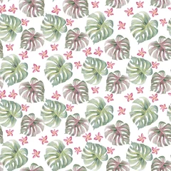  Watercolor pattern of exotic leaves elements. floral illustration of monstera, palm and wild flowers © NastiyaMaki