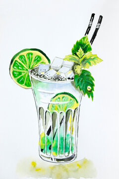 Mahito cocktail is painted with watercolor. White rum, mint, lemon, ice, lime are in a glass. Cocktel painted with watercolor