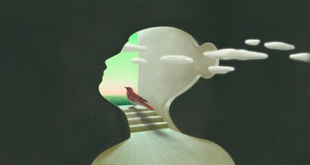 Conceptual illustration, Bird looking at the sky in woman head, imagination hope dream and ambition concept art, painting artwork, surreal portrait  © Jorm Sangsorn