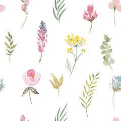 Wild flowers and leaves seamless pattern. Blooming botanical motifs scattered random. fathion trend print. watercolor hand drawn flowers