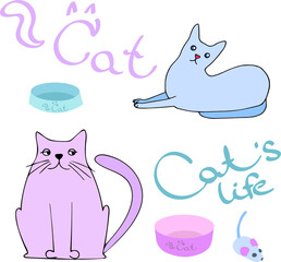 vector isolated multicolored cat. a set of toys for cats and cats. a set of funny cats for a positive design. funny cats with bowls