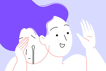 Flat illustration of a depressed woman who is trying to look normal. One face is happy and outgoing and another face is sad and crying. Face of depression