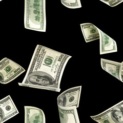 Money pattern hundred dollar bill. Falling money isolated on black background. American cash.