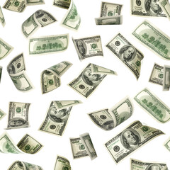 Dollars pattern us bill. Washington American cash. Falling usd money isolated on white background.